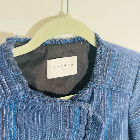 Sandro Egyptian Blue Asymmetrical Woven Denim Blazer Jacket French Denim Boho - Picture 7 of 11